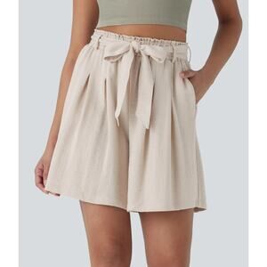 Halara Shorts XL Beige Pleated Belted High Waist Casual Pocket Linen Feel